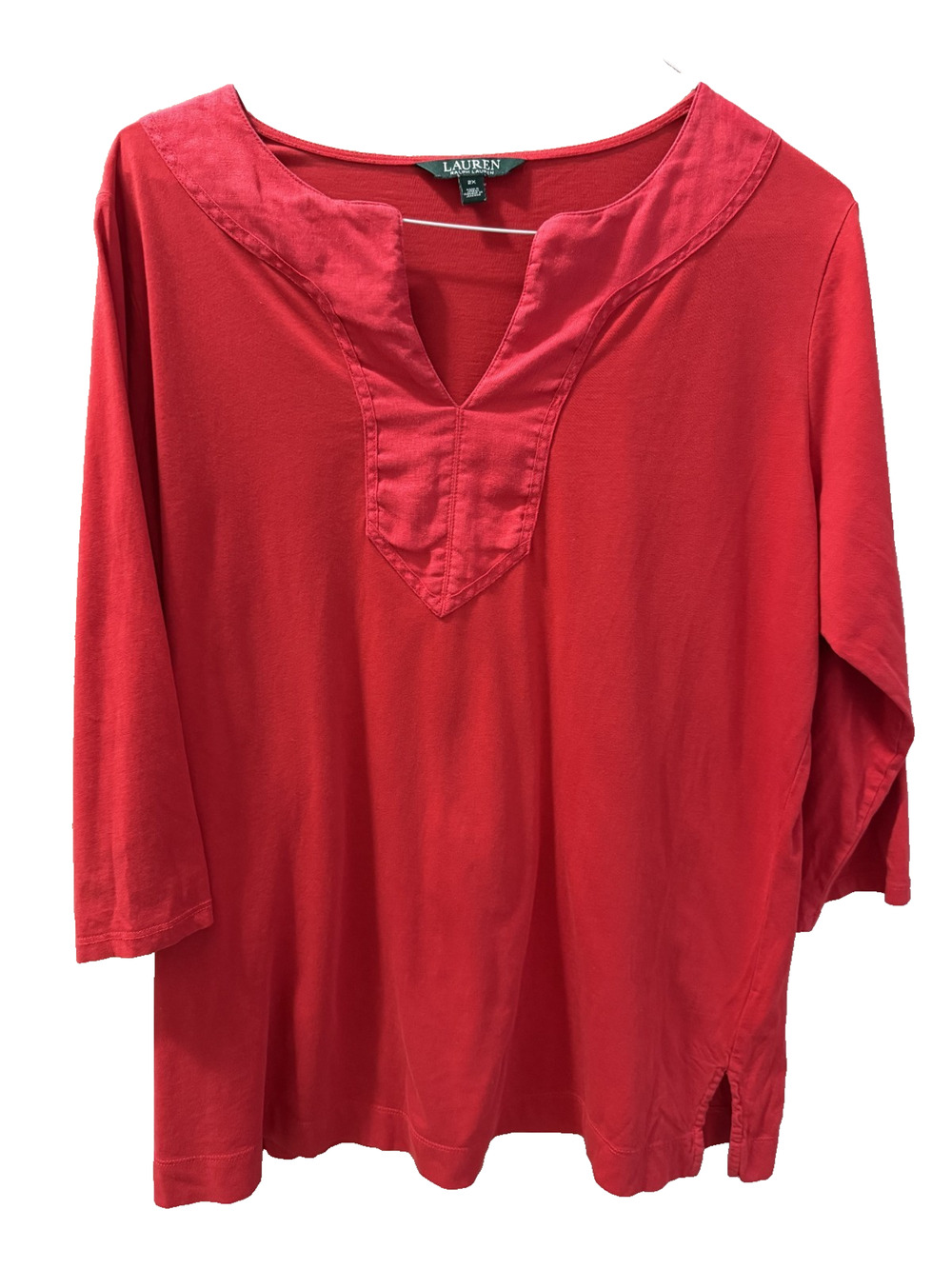 Lauren Ralph Lauren Red 2X Tee w/ Linen Detail at Neck Casual Coastal Classic